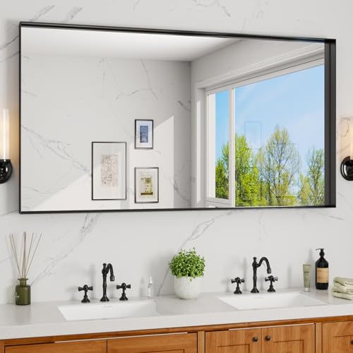 Black Bathroom Mirror 4 Rectangle Mirror with Metal Deep Frame, Wall Mirrors for Over Sink, Vanity, Bedroom, Bathroom, Hangs Horizontally or Vertically